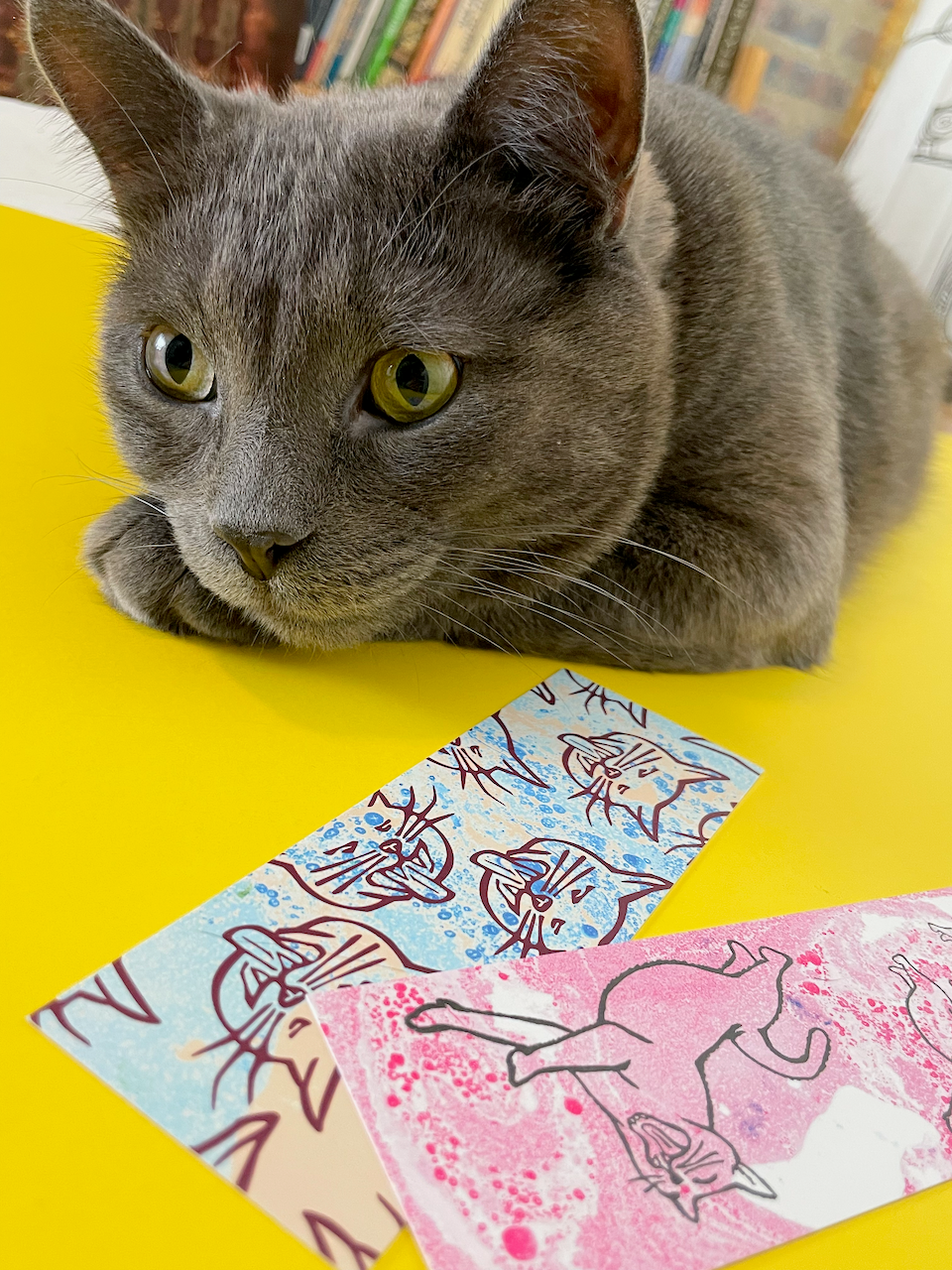 a grey cat and two bookmarks featuring block printed images of him